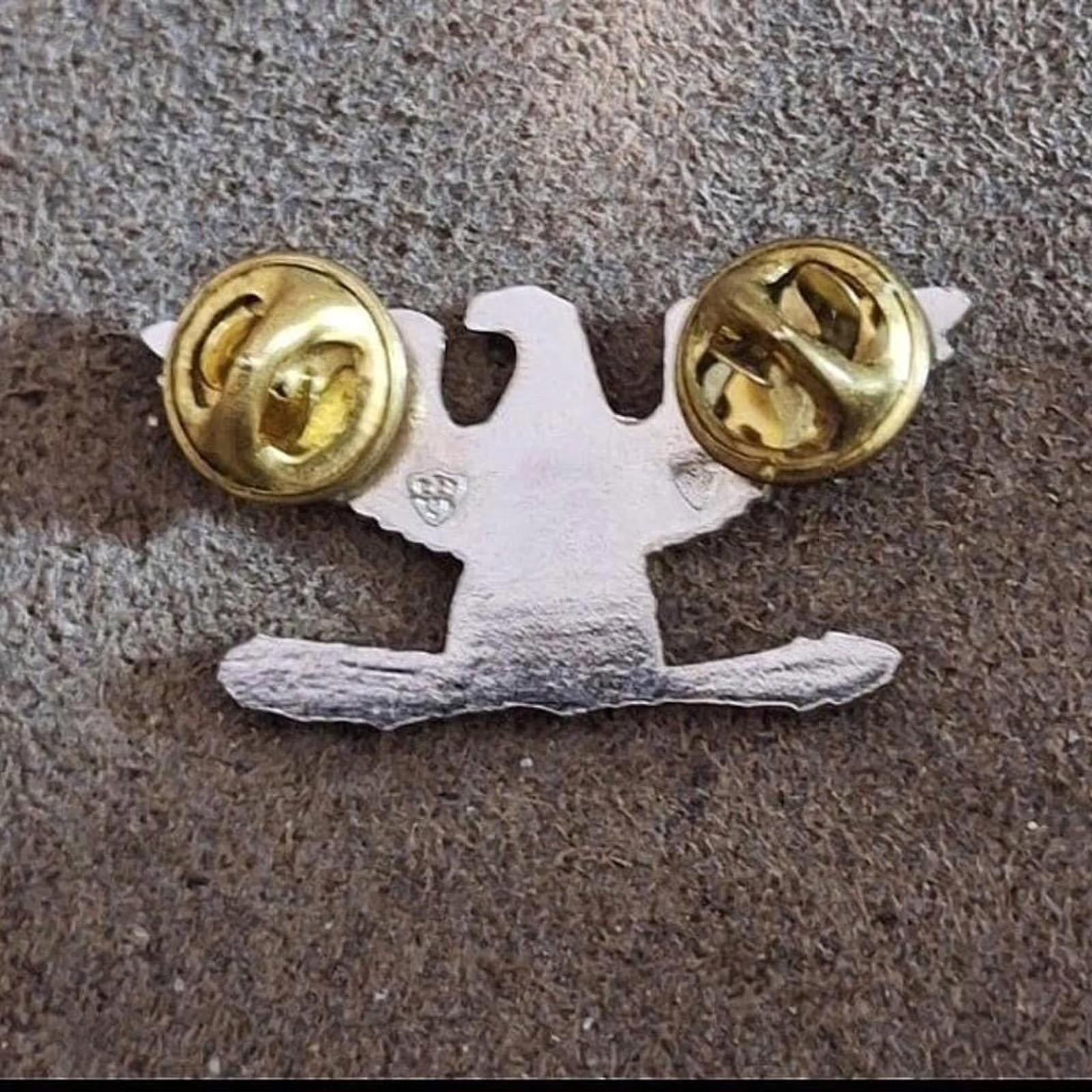 Back of eagle rank pin with two gold screw backs and mounting posts