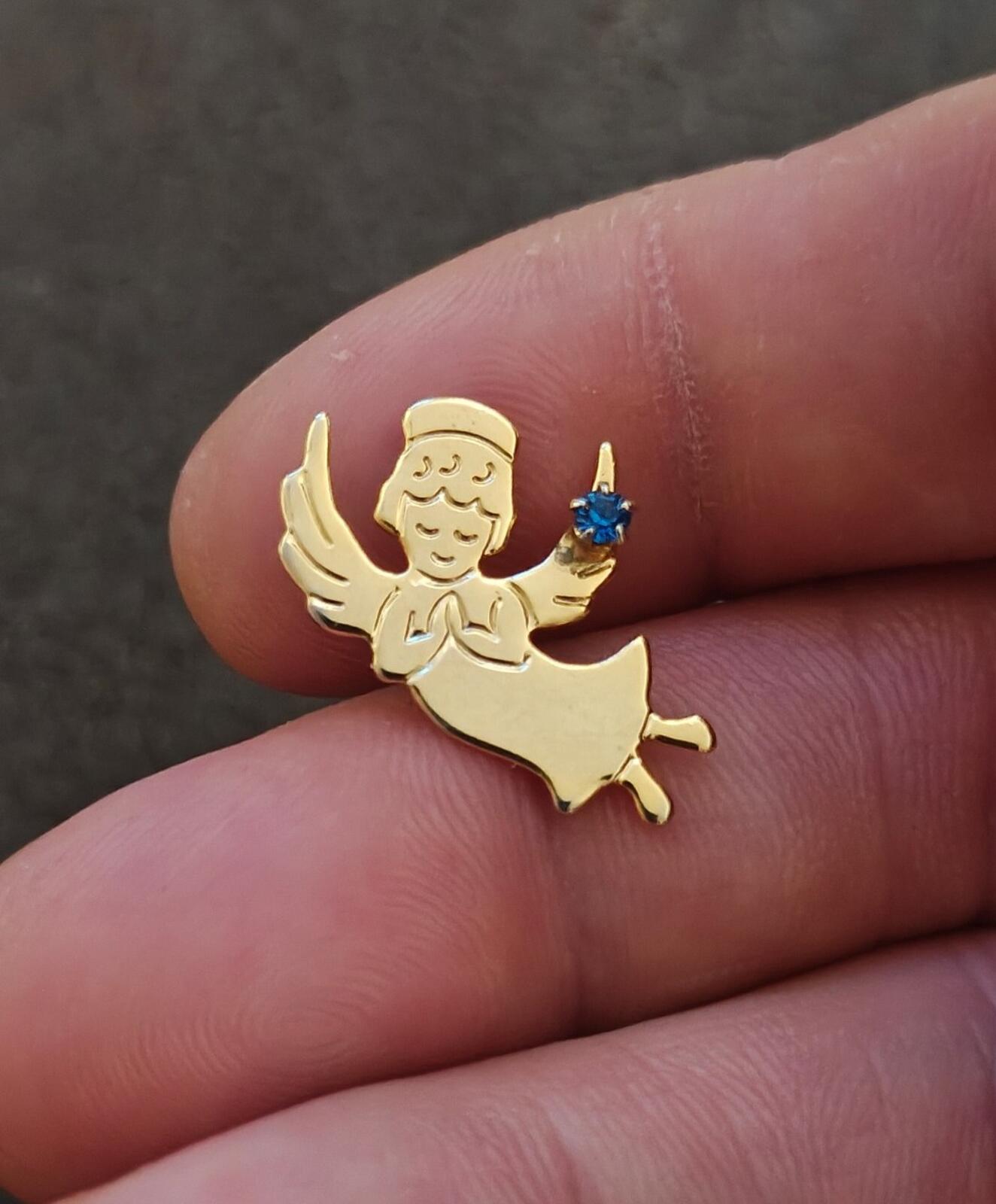1980s Gold Told Guardian Angel With Small Blue Birthstone Rhinestone Pin