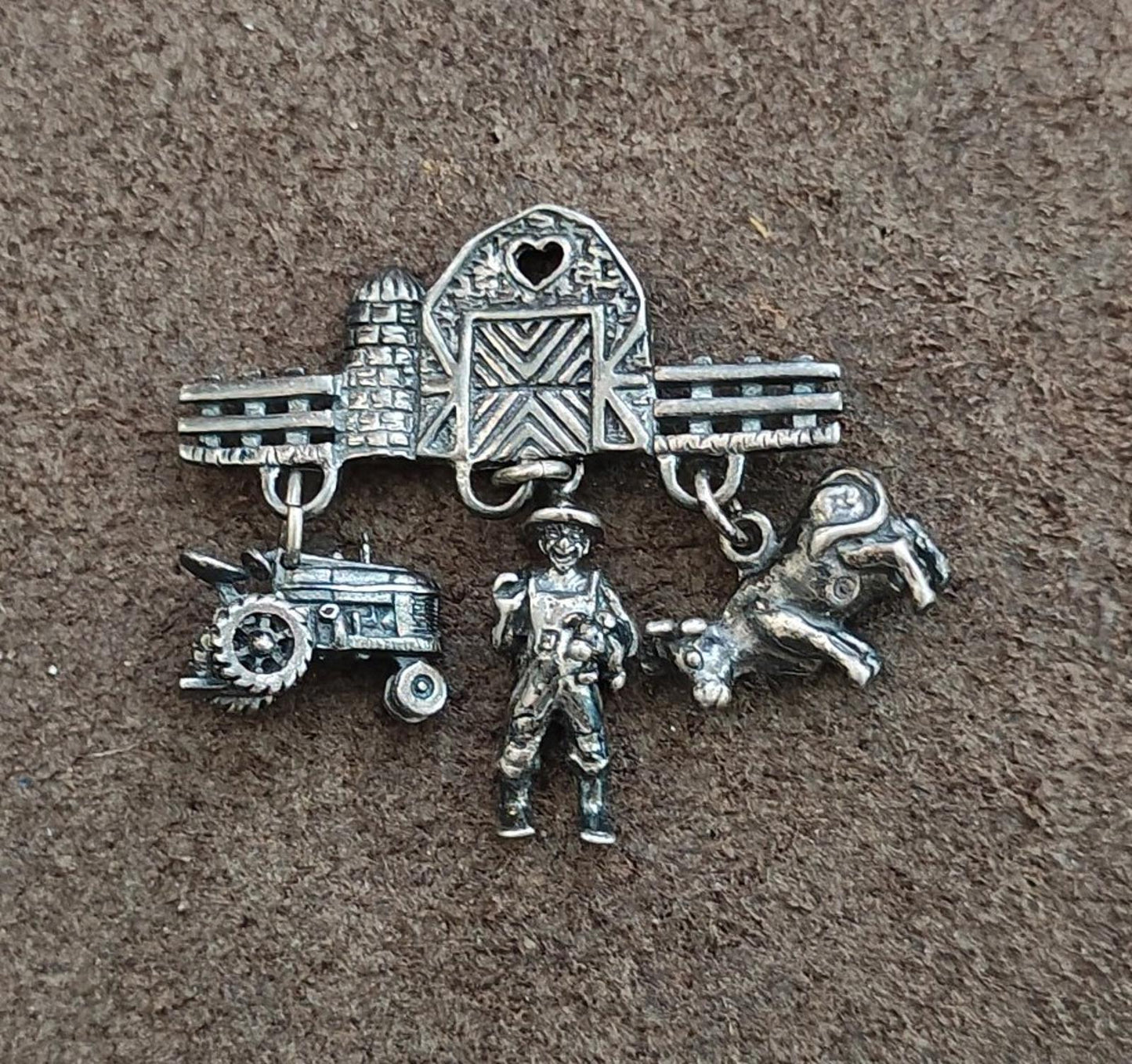 1990s Antiqued Sterling Silver Farm  Charm Dangle Pin