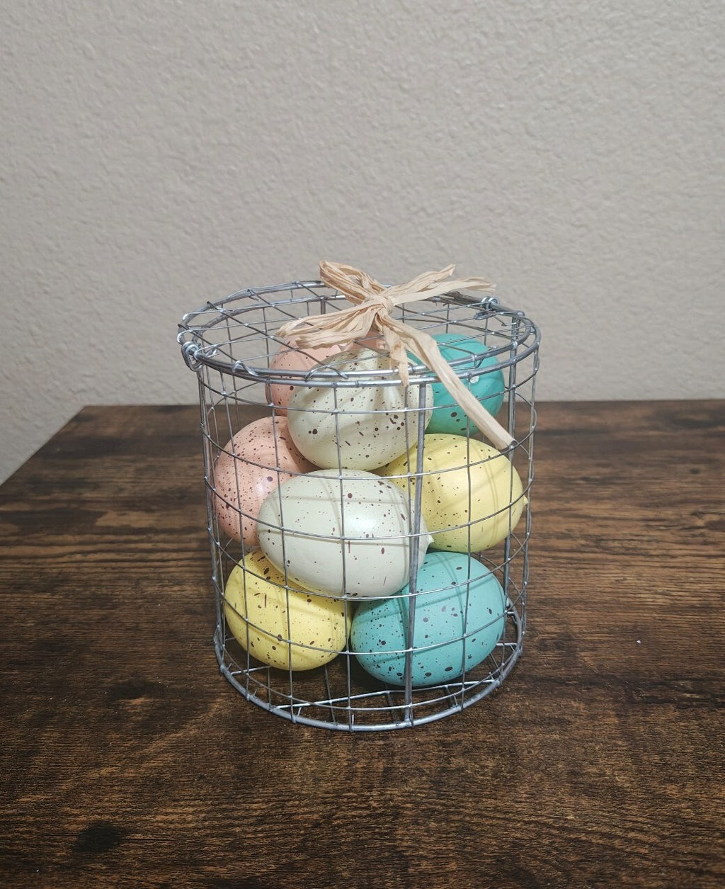 Spring Decorative Easter Eggs In Wire Basket