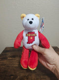Red and white plush bear with embroidered Indiana state patch and tan ears