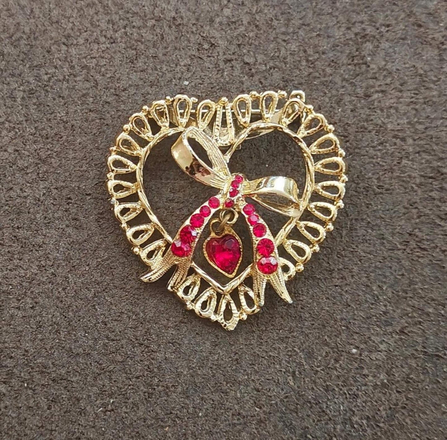 1980s  Gold Tone With Red Rhinestone Accents & a Dangling Center Heart Brooch