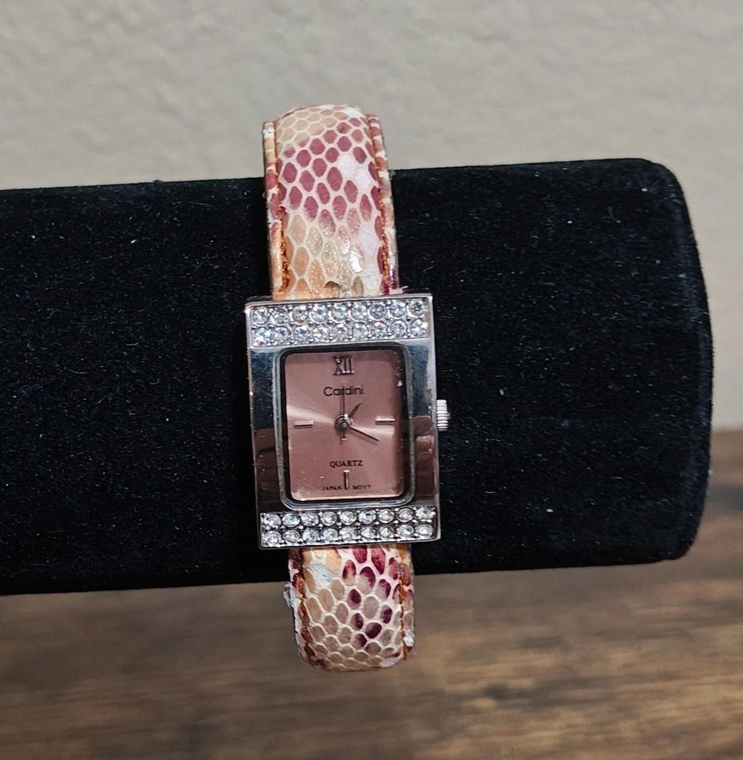 1980s Vintage Cardini Square Bezel With Rhinestones Pink Dial Ladies Cuff Watch