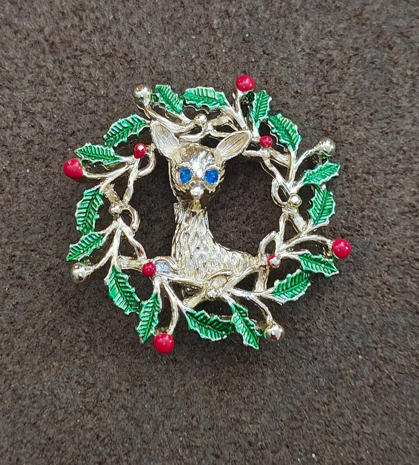 1960s Signed Gerry's Reindeer In a Holly Wreath Gold Tone Enamel Brooch
