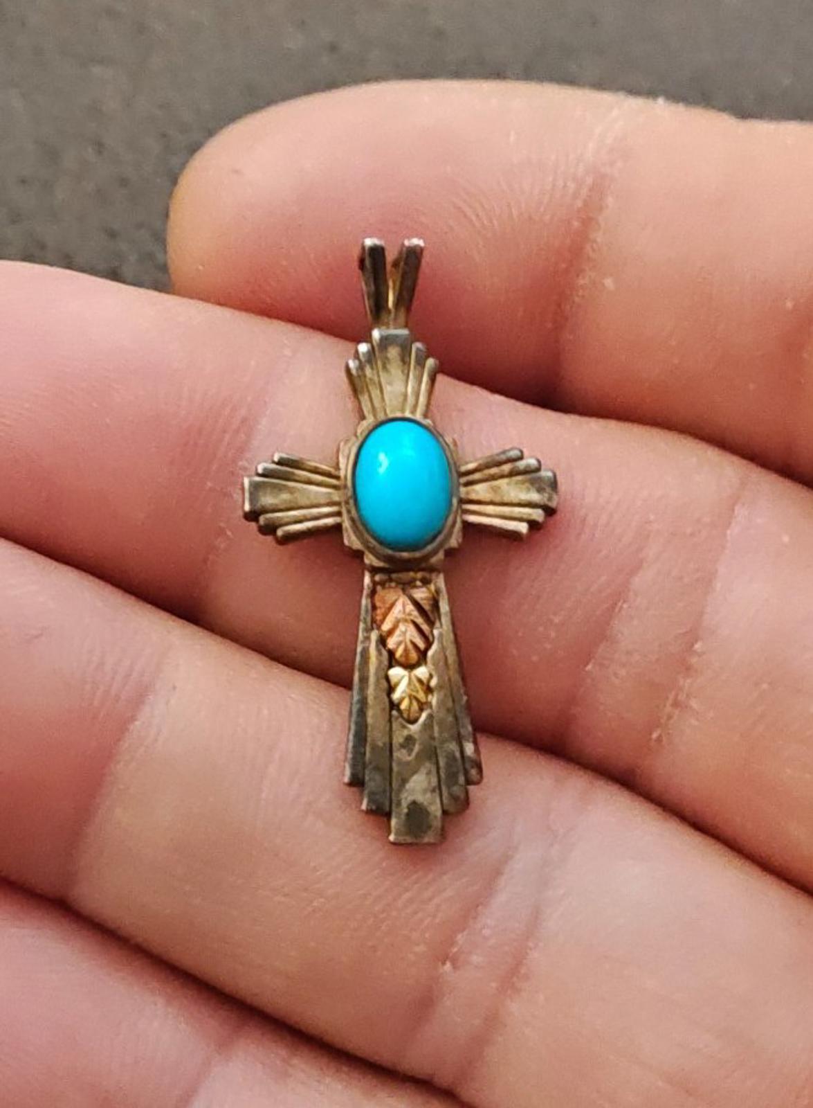 80s Coleman Co. Black Hills 12 Kt Gold & Sterling Silver Turquoise Cross Pendant