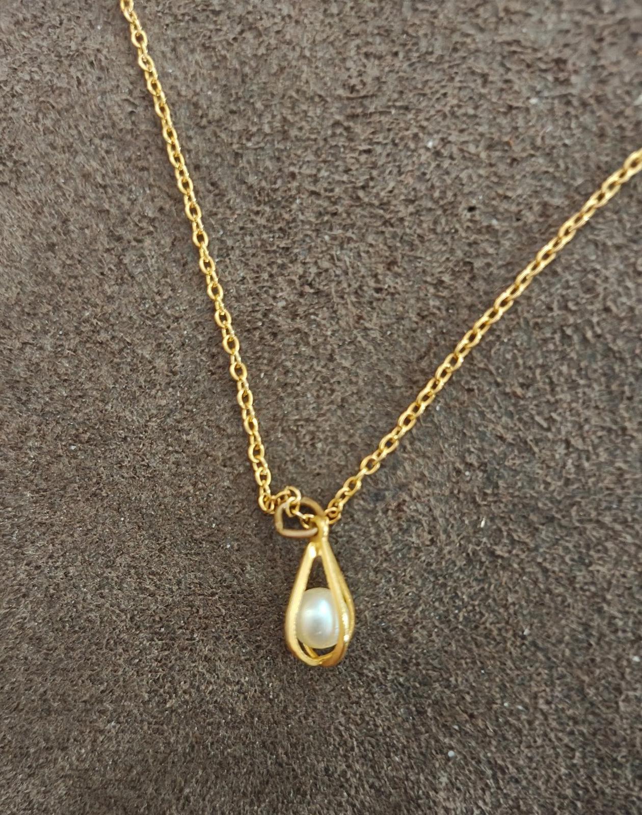 1960's Gold Tone Caged Teardrop Faux Pearls Necklace & Earrings Set