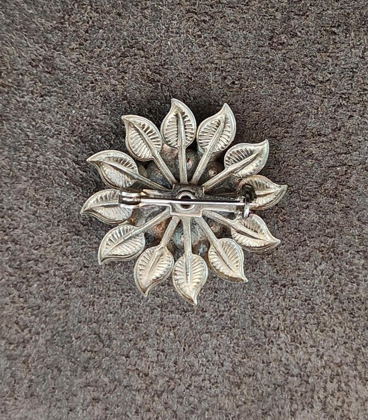 1950s Vintage Silver Tone Flower With Blue Rhinestones And Faux Pearls Brooch