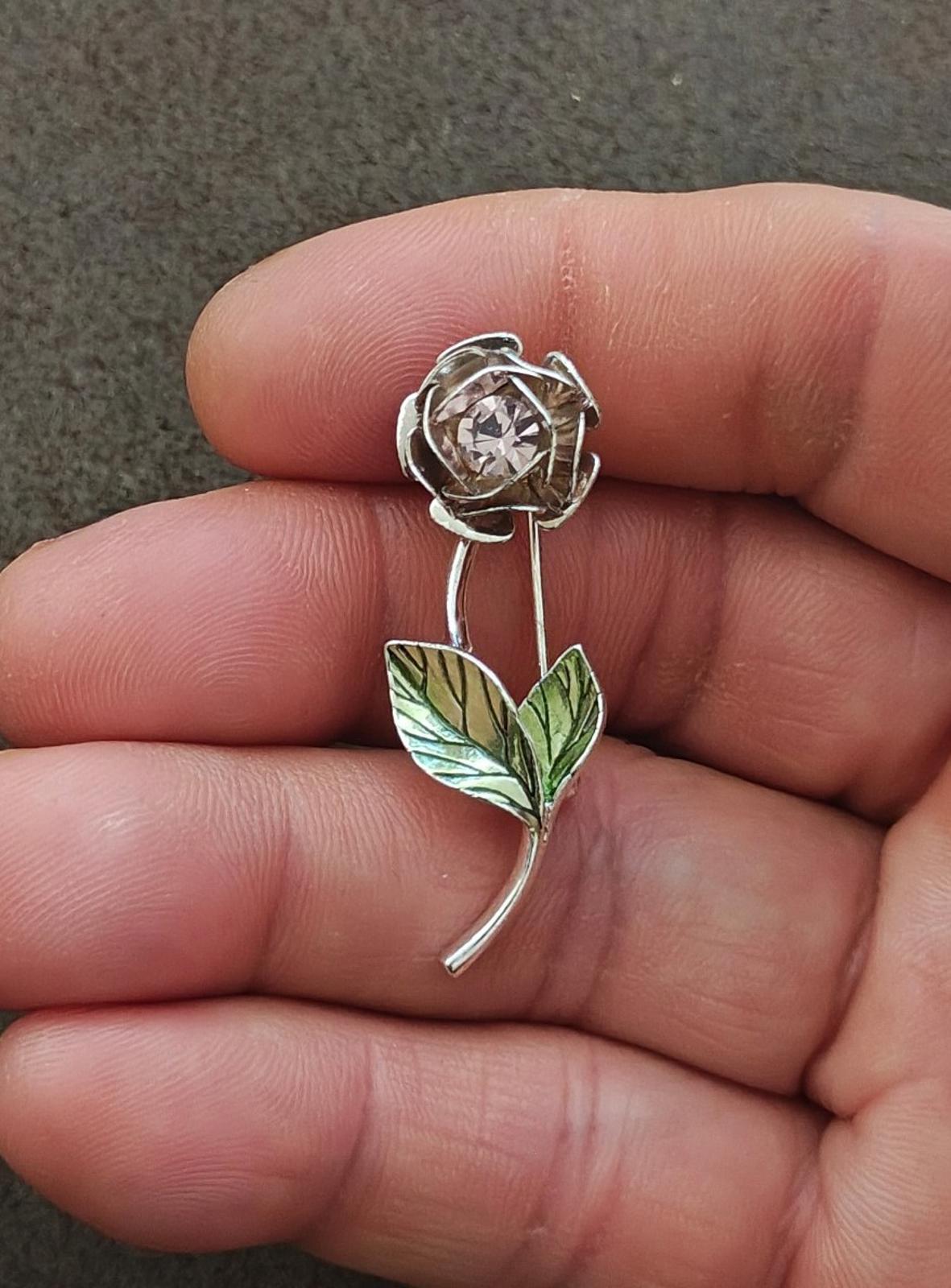 1990s Signed Avon Silver Tone With Green Enamel and Rhinestone Flower Brooch