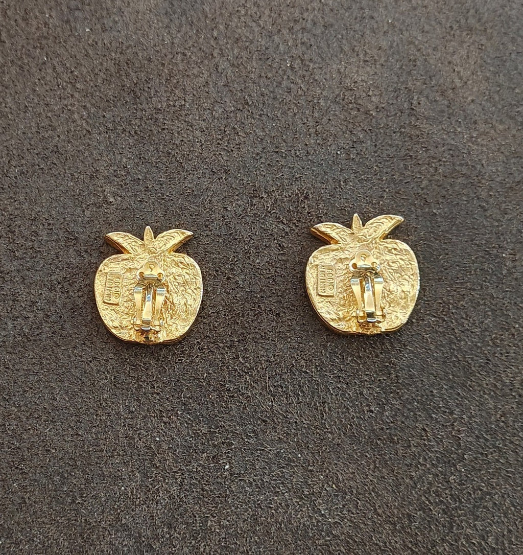 1989 Mimi di N Gold Tone Red Enamel Apple Clip Earrings