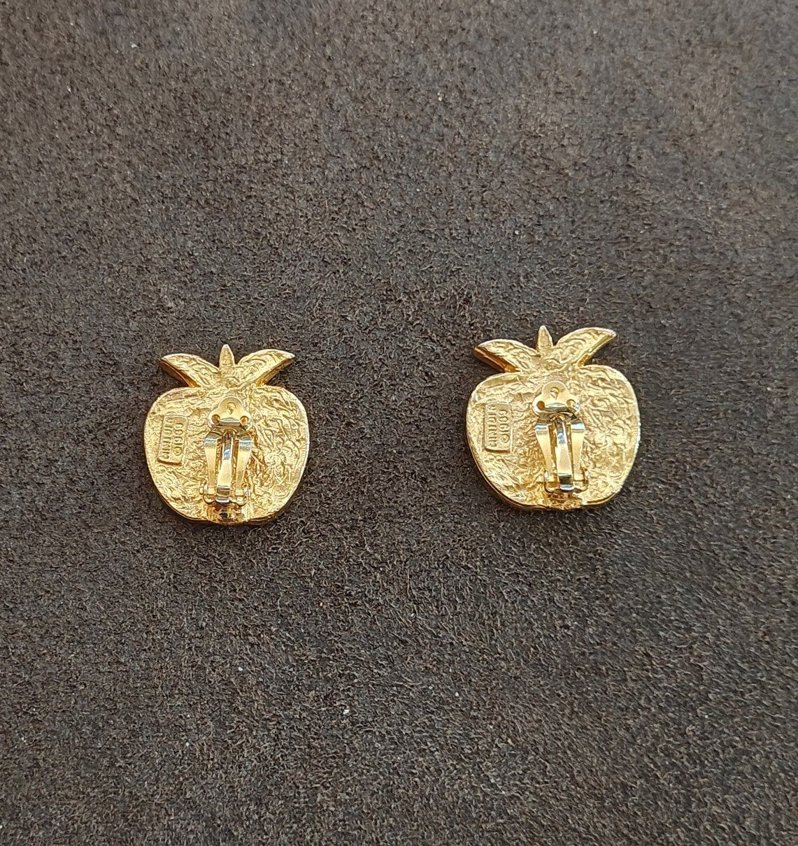 1989 Mimi di N Gold Tone Red Enamel Apple Clip Earrings