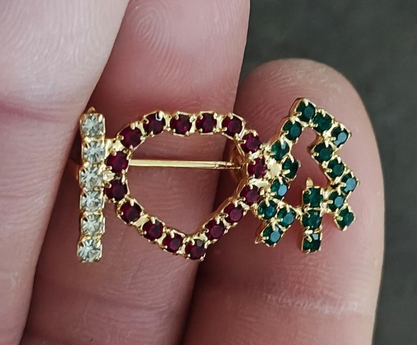 1980s "I Heart Christmas Tree" Gold Tone With Multi Colored Rhinestones Brooch