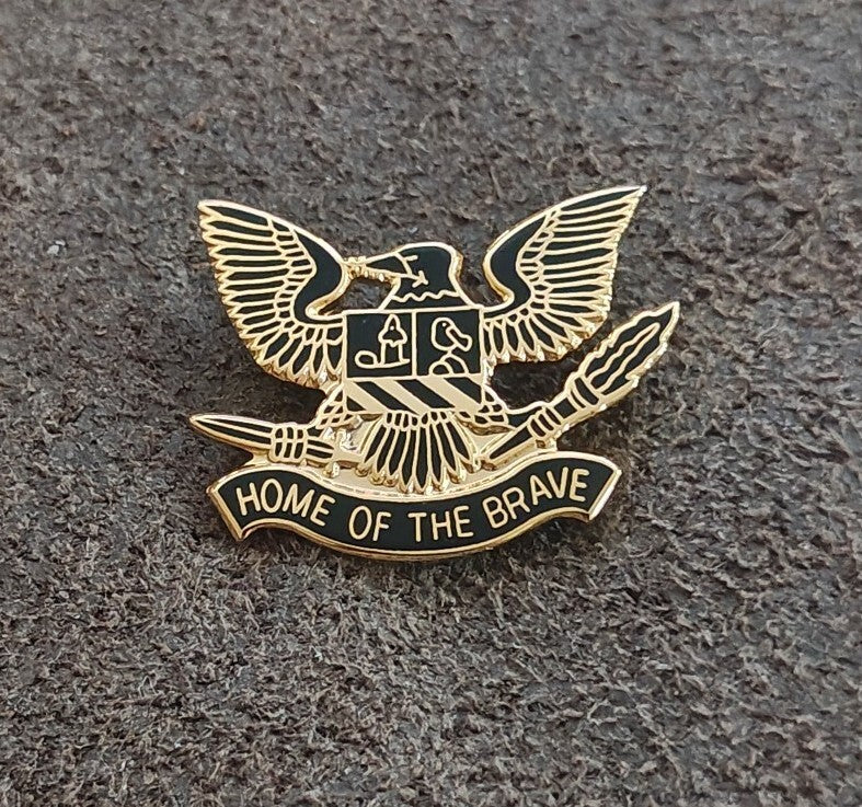 80s Patriotic Bald Eagle Heraldic Shield Home of the Brave Gold Tone Enamel Pin