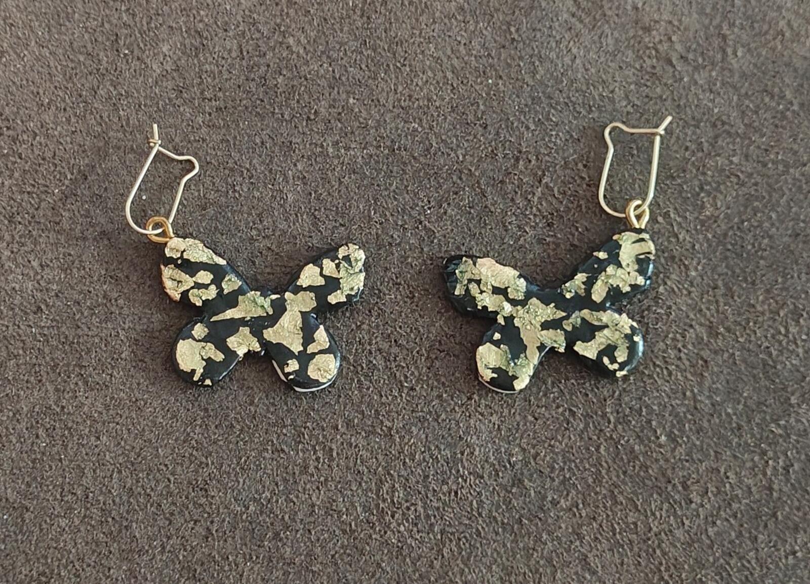 Handmade Black Polymer Clay Butterfly Earrings With Striking Gold Leaf Flakes