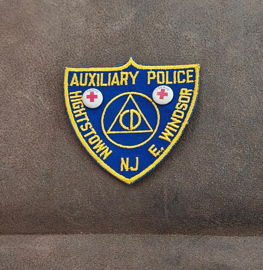 Full auxiliary police embroidered patch in blue with yellow trim and Highstown NJ and E. Windsor