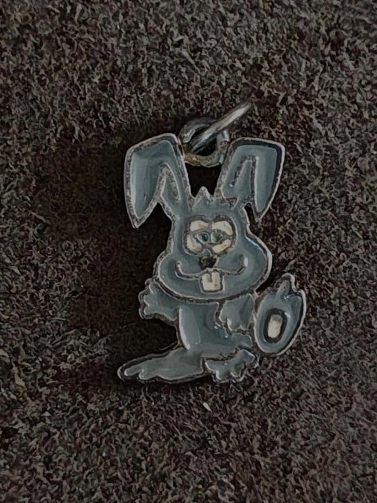 1980s Bunny Rabbit Silver Tone Green Enamel Pendant Charm