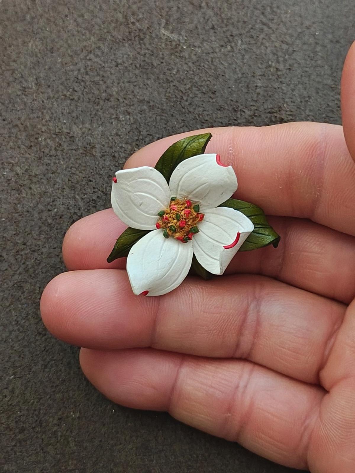 1980s Handcrafted Leather Dogwood Flower Brooch