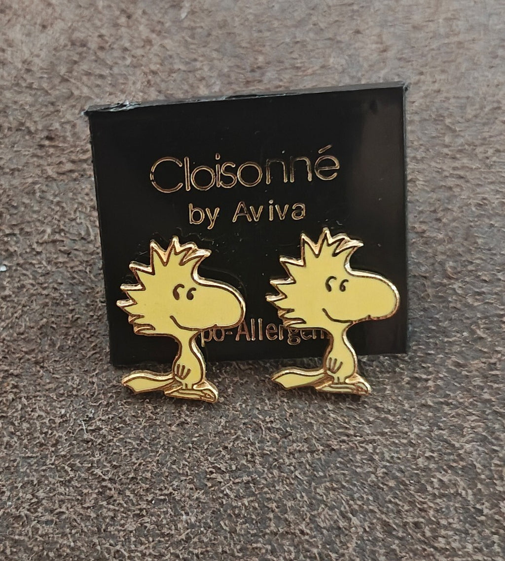 1970s Peanuts Woodstock Gold Tone Cloisonné Enamel Stud Earrings New
