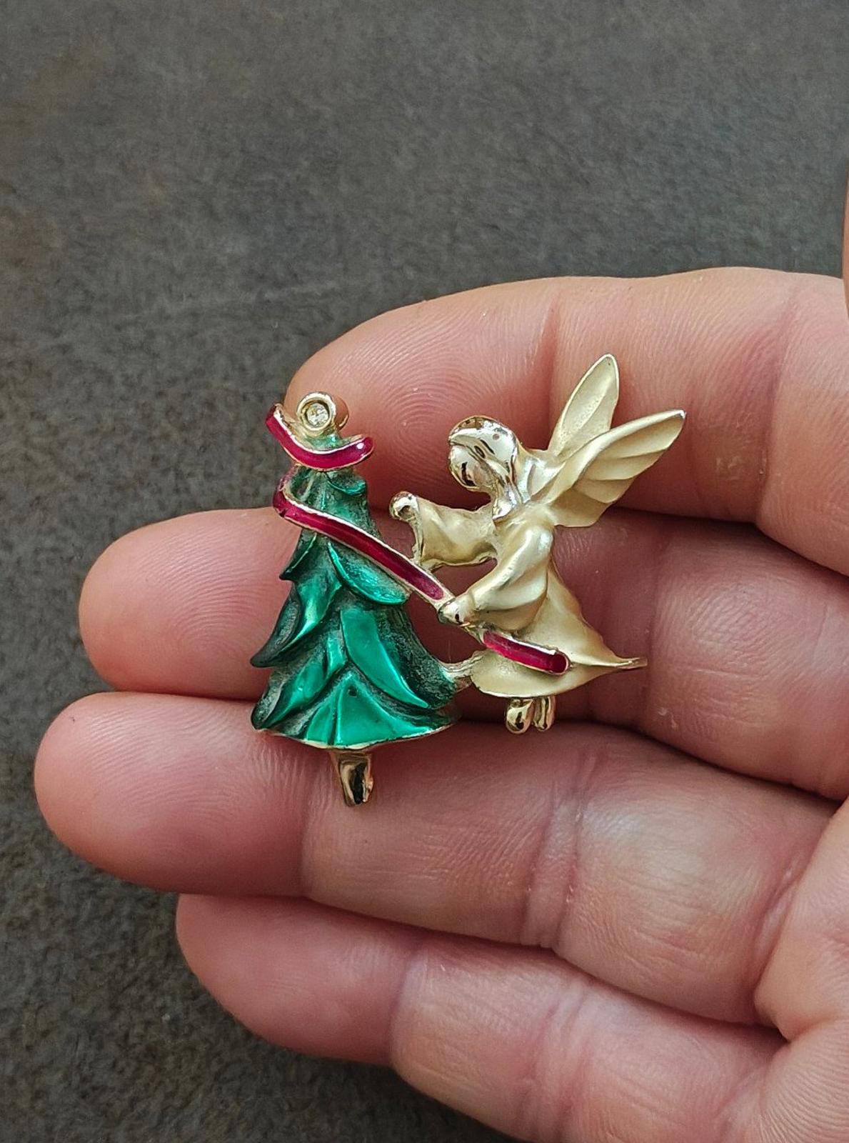 Enamel angel and tree brooch pin, gold-tone angel wings with green dress and red trim
