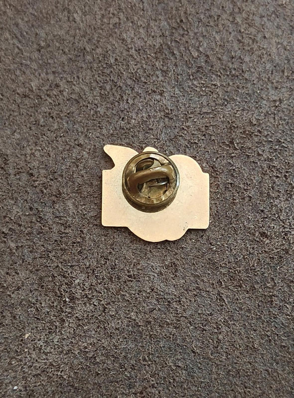 Gold-tone teacher pin back with circular clasp and flat metal surface
