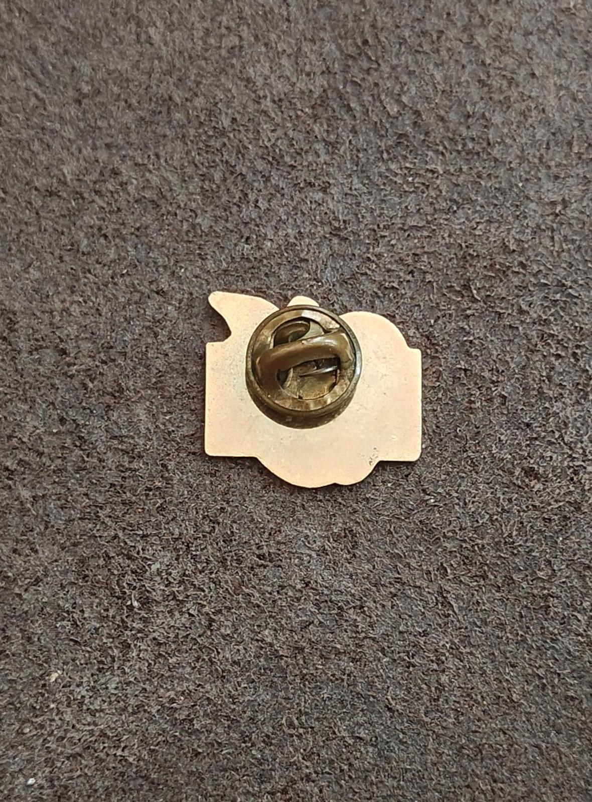 Gold-tone teacher pin back with circular clasp and flat metal surface
