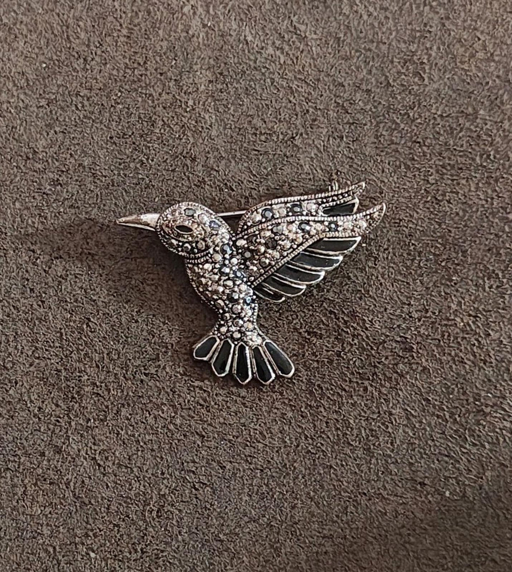 1990s Silver Tone Marcasite With Black Enamel Hummingbird Brooch Pin