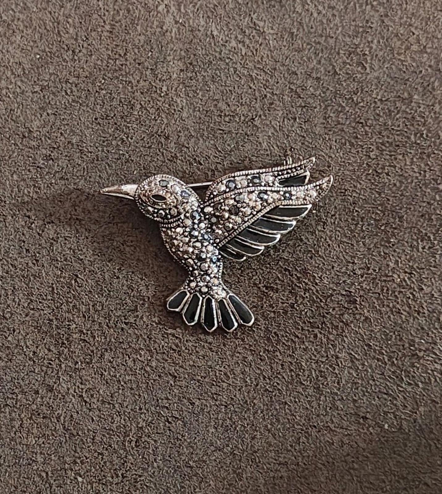 1990s Silver Tone Marcasite With Black Enamel Hummingbird Brooch Pin