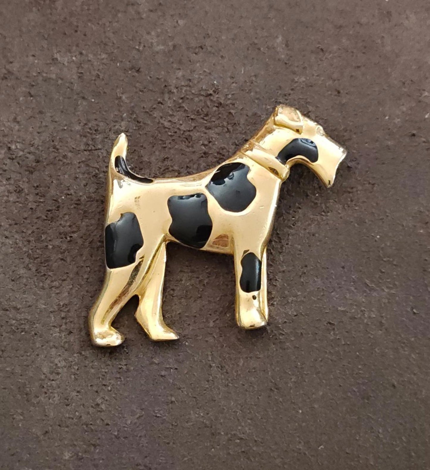 1970s Vintage Airedale Terrier Gold Tone Black Enamel With Rhinestone Eye Brooch