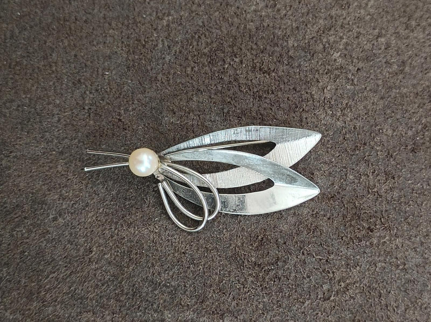 1950s/60s Sterling Silver Modernist With Cultured Pearl Brooch