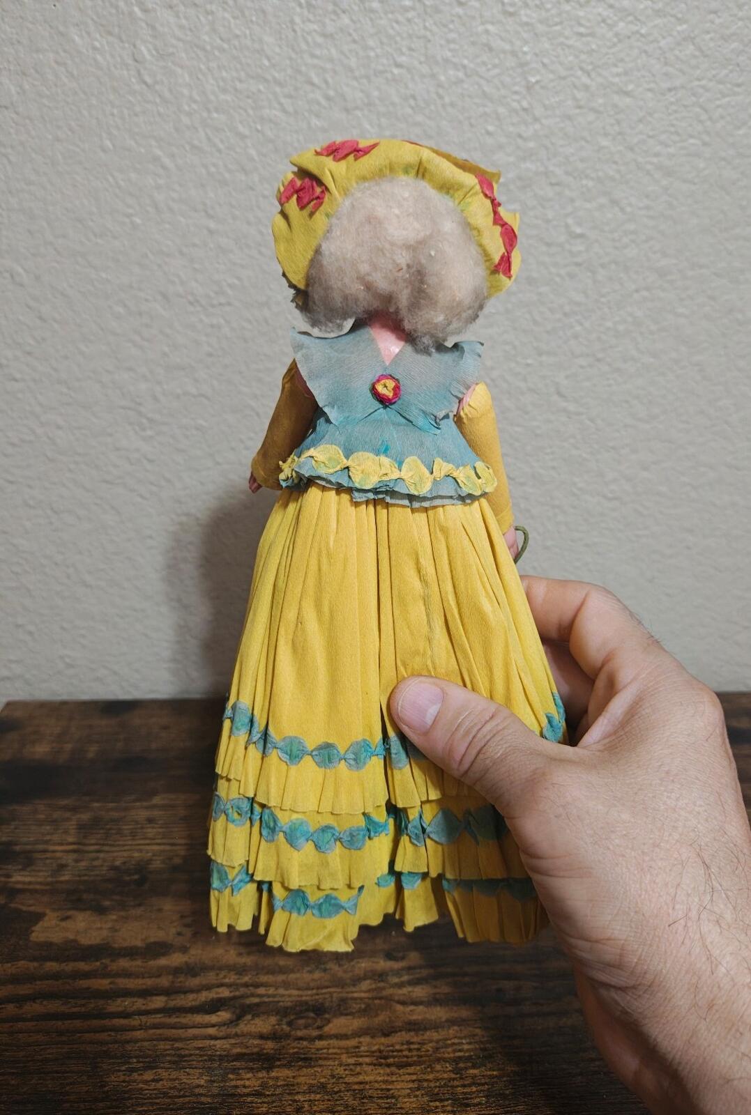 1930s/40s Rare Handcrafted Crepe Paper Doll With Plastic/Celluloid Face & Body