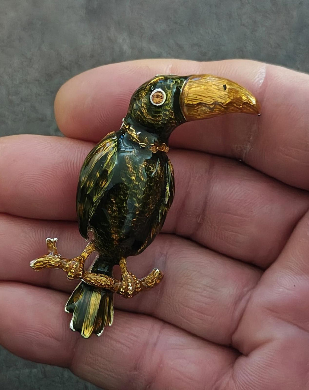 1980's Green And Orange Enamel Toucan Bird With Pink Brooch