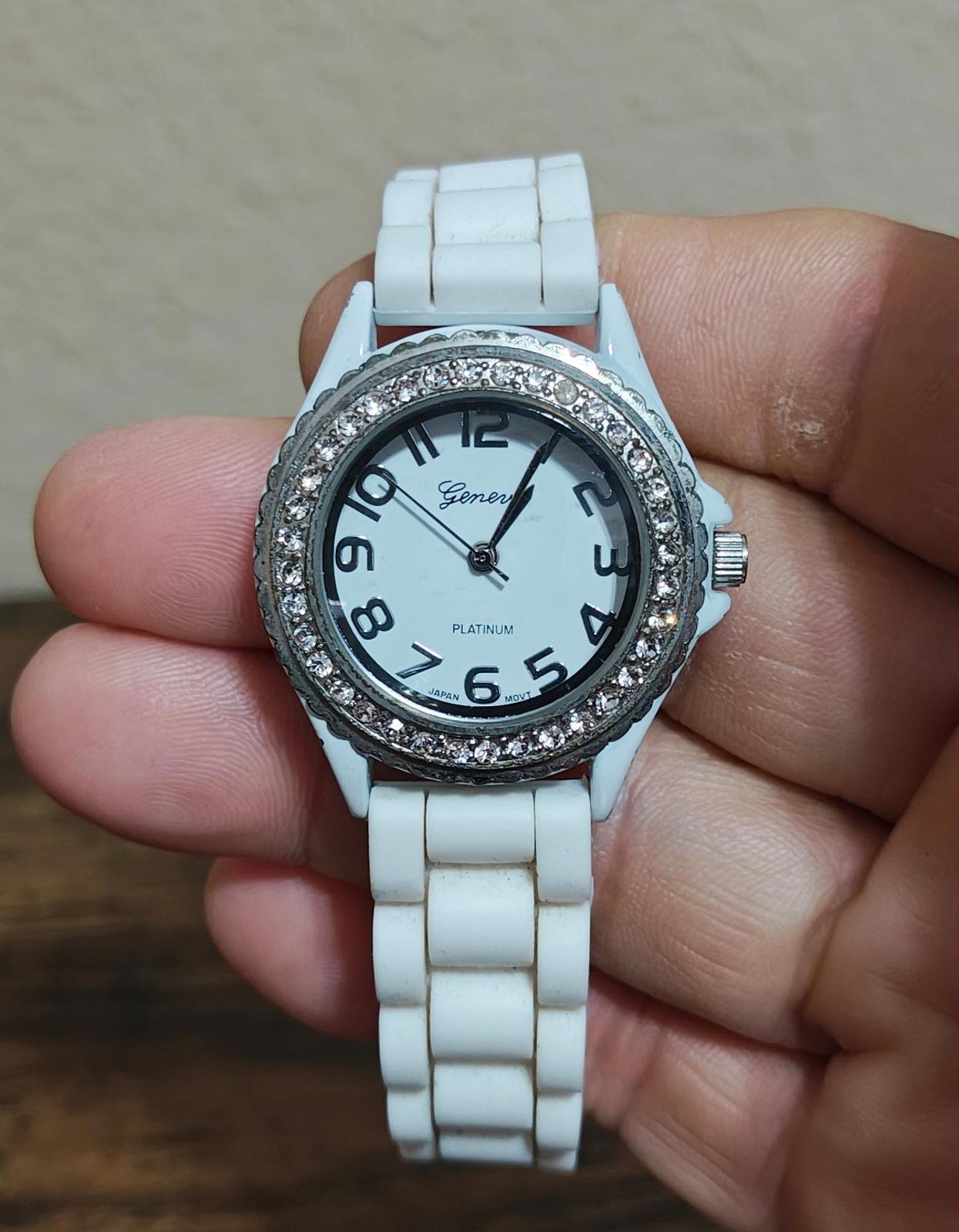 Geneva Platinum White Dial Rhinestone Encrusted White Silicone Band Ladies Watch