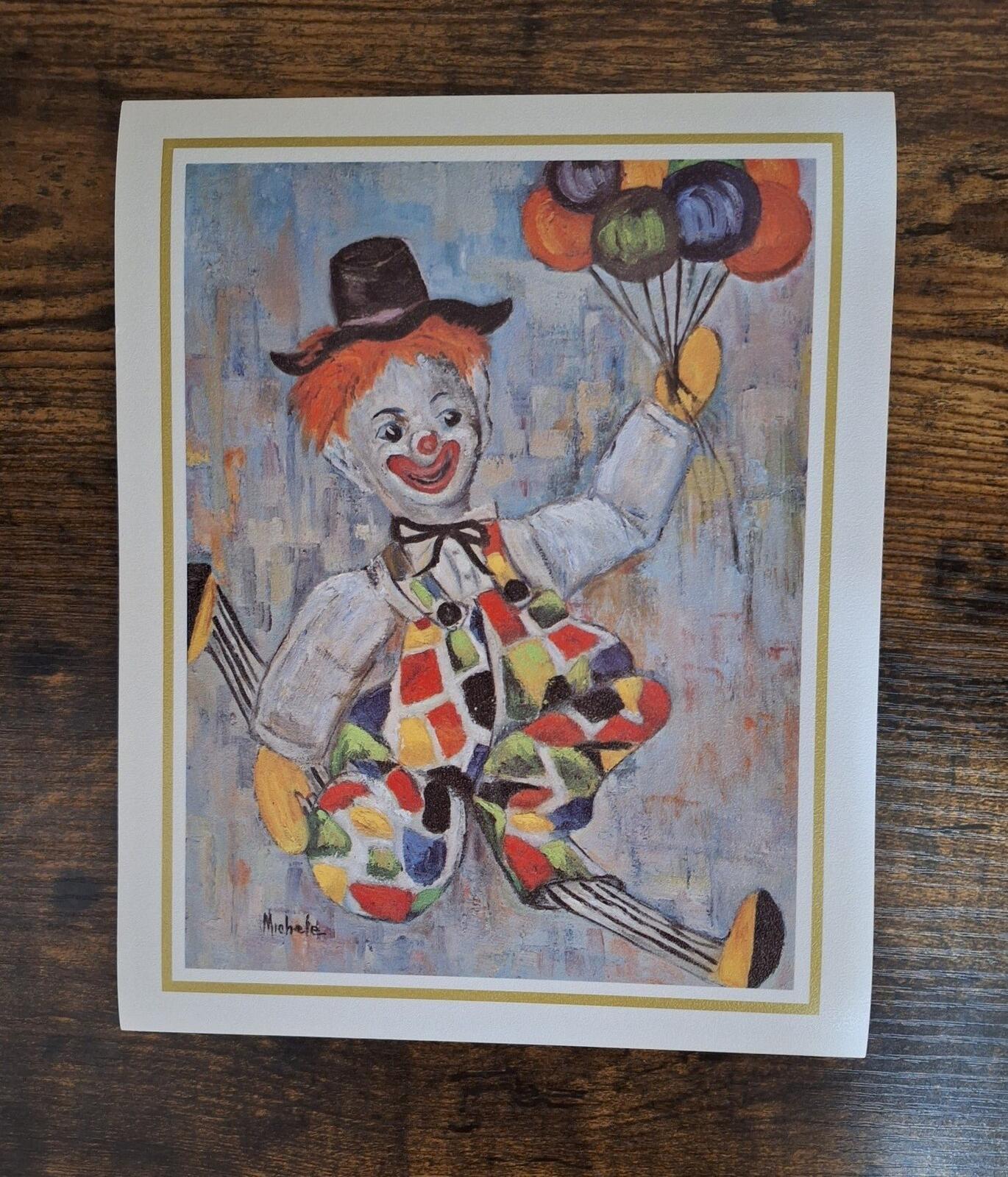 1960s Clown Balloons Lithograph Print Artist Signed Michele Reprint