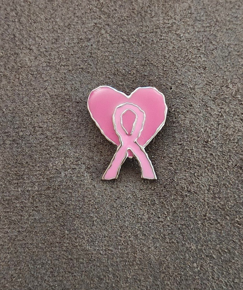 Pink Breast Cancer Awareness Ribbon Heart Silver Tone Enamel Pin