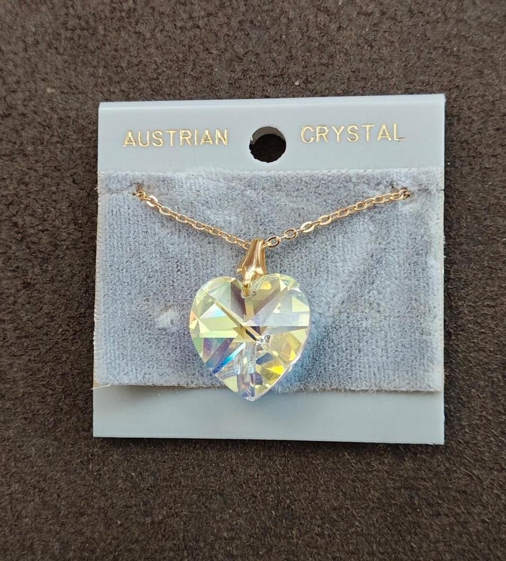 Yellow iridescent heart crystal pendant necklace with gold-tone chain