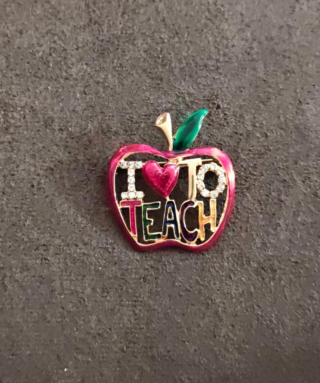 1980s "I Love To Teach" Apple Gold Tone With Rhinestones Enamel Brooch