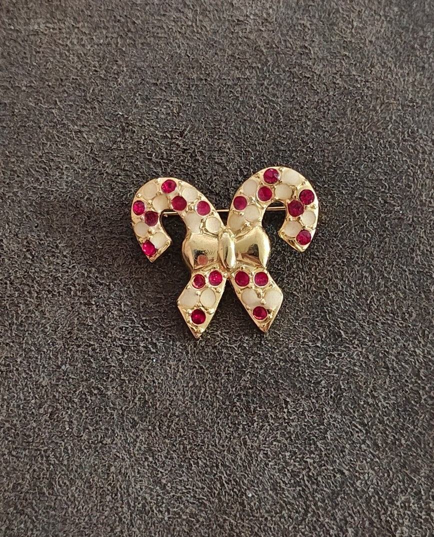 1970s/80s Gold Tone Candy Cane Brooch with Red and White Enamel