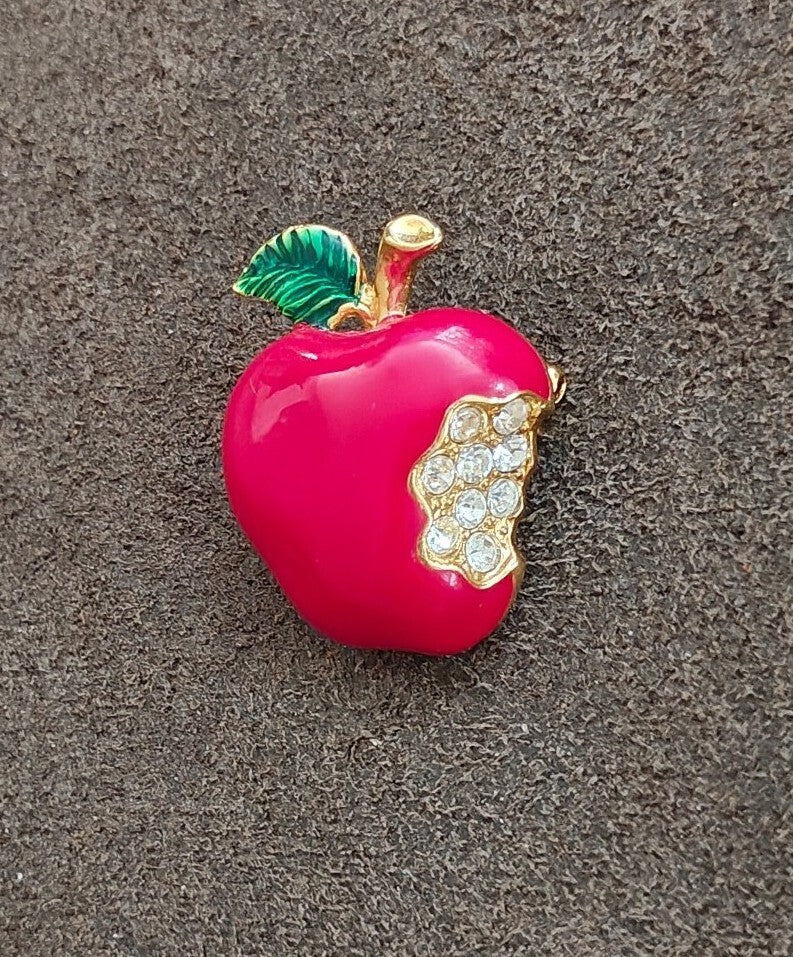 1990s Gold Tone Red & Green Enamel & Rhinestone Bitten Apple Brooch Pin