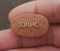Brown plastic Idaho potato-shaped pin with raised “IDAHO” lettering and arrow details