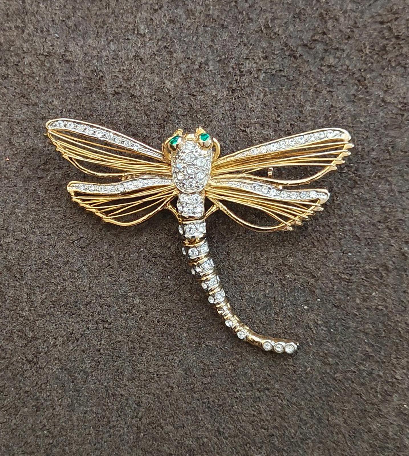1990's Gold Tone With Clear Rhinestones and Green Enamel Eyes Dragonfly Pin