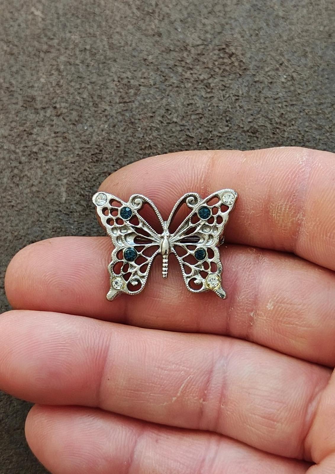 1950s Silver Tone With Clear & Blue Rhinestones Butterfly Brooch