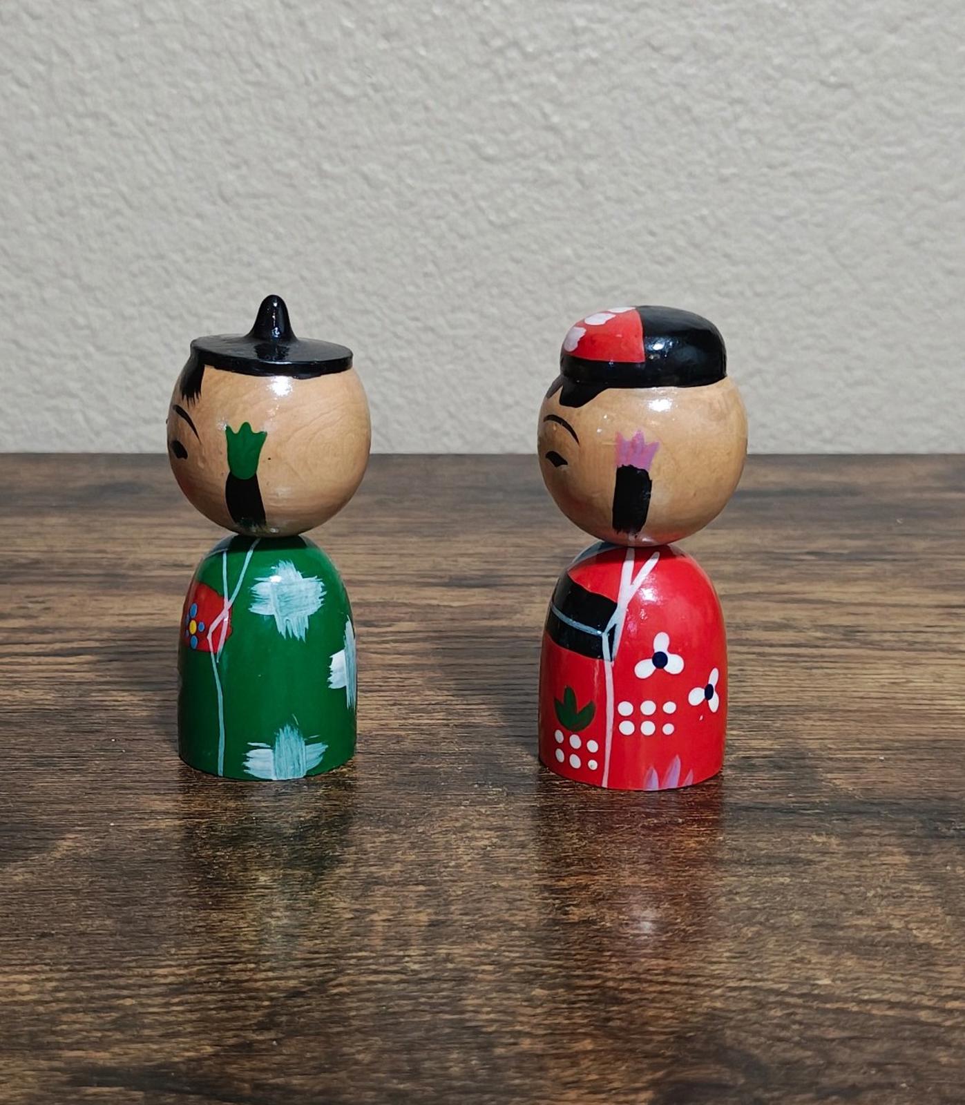 1950's Male and Female Pair Of Rare Japanese Kokeshi Wooden Dolls