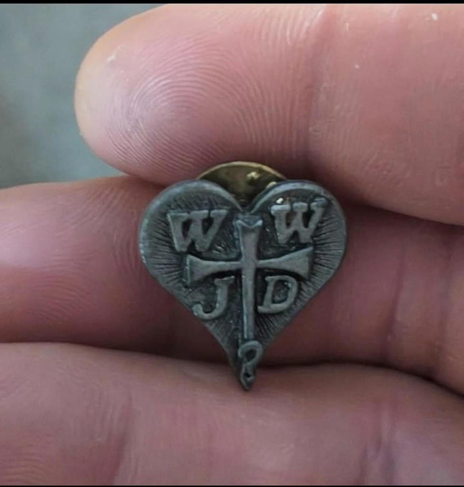 Pewter heart religious lapel pin with WWJD lettering and cross detail