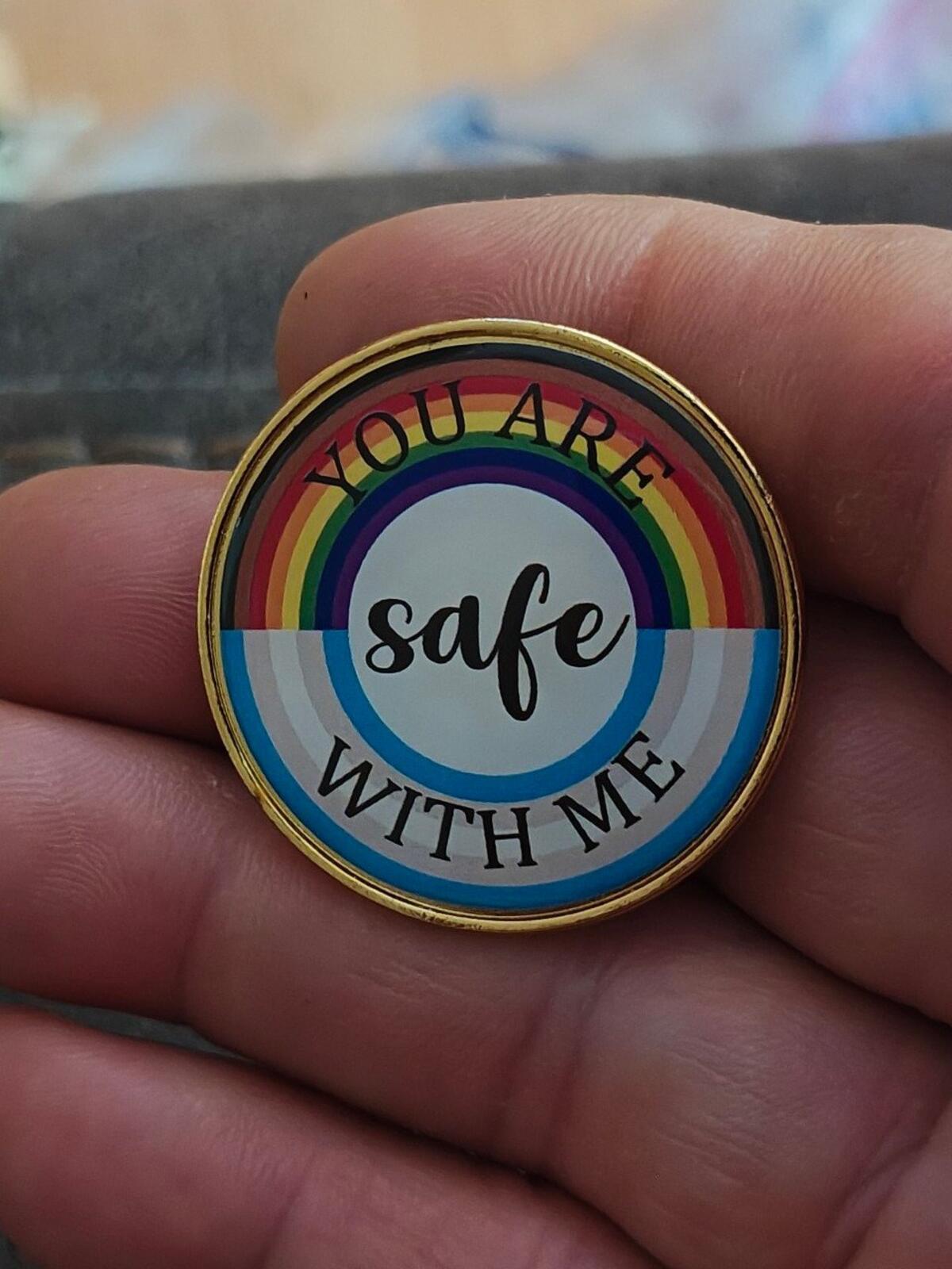 You Are Safe With Me LGBT Rainbow Pride Enamel Gold Tone Pin.