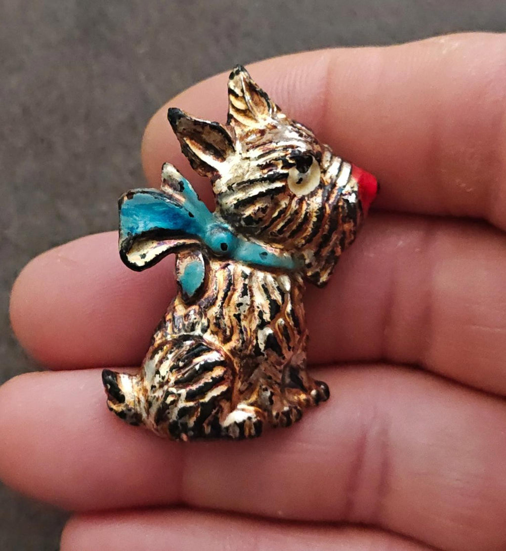 1930s/40s Gold Tone Celluloid Scottie Dog Brooch