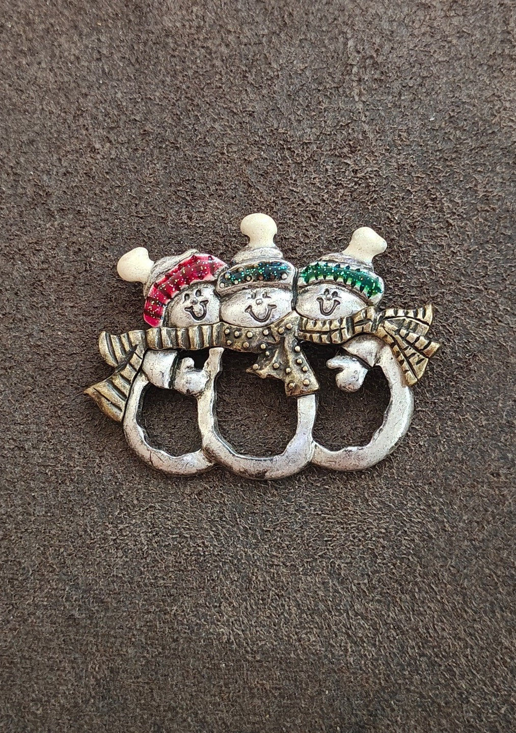 1980s Pewter Triple Snowman Holiday Brooch Pin