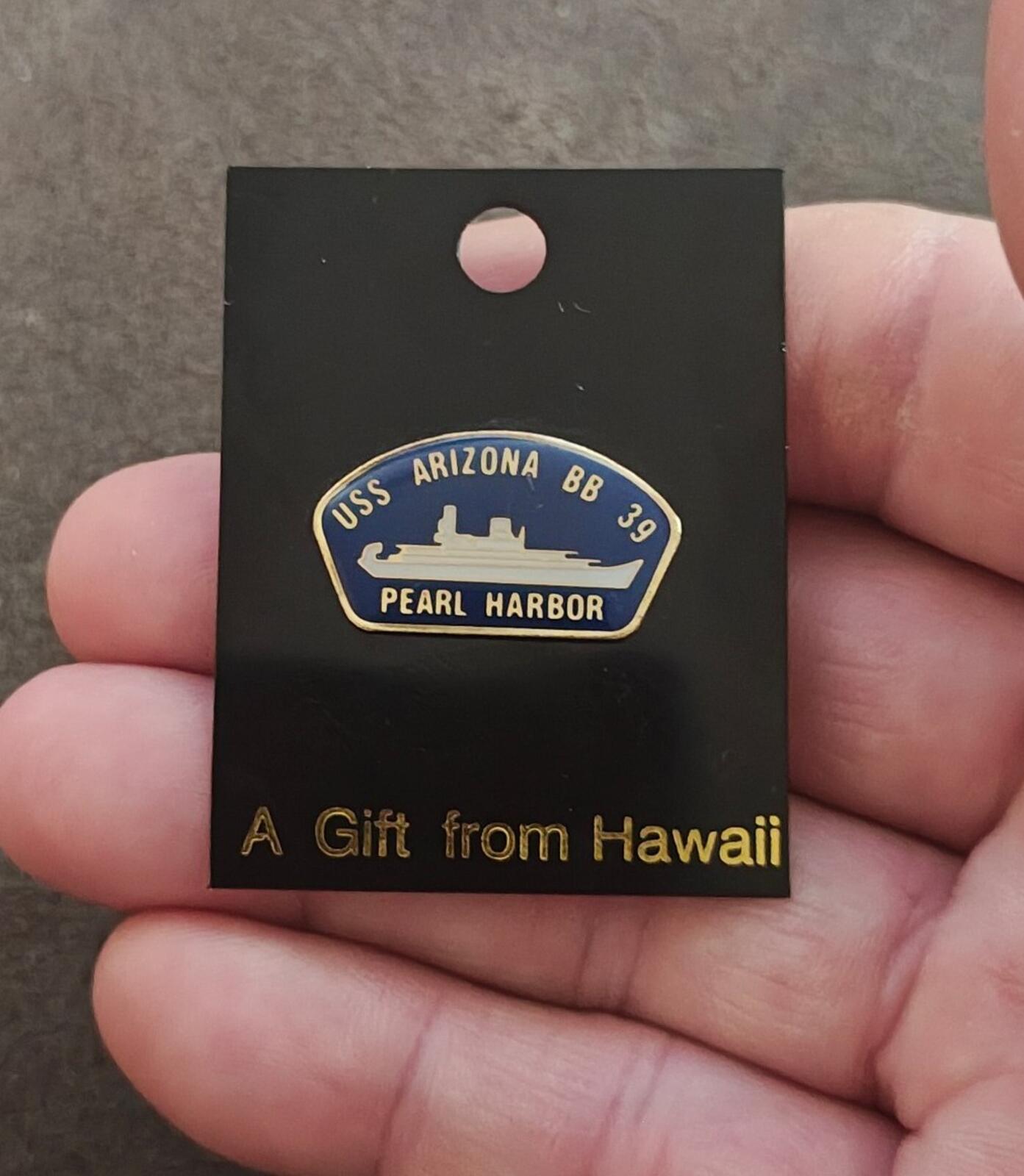 1990s  USS Arizona BB-39 Pearl Harbor Souvenir Gold Tone Blue Enamel  Pin