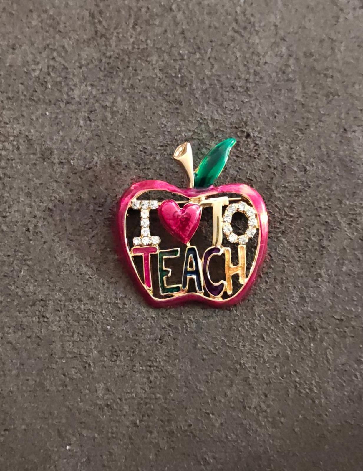 1980s "I Love To Teach" Apple Gold Tone With Rhinestones Enamel Brooch