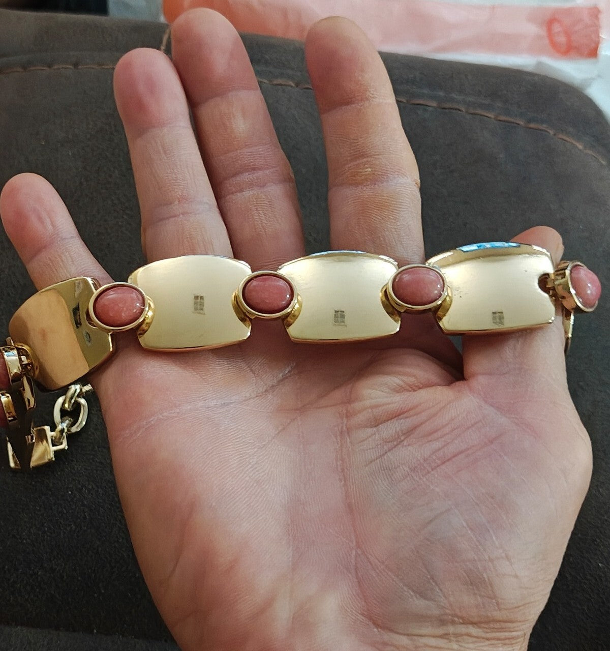 WHBM Gold Tone Rectangular Panel Pink Rhodonite Choker Statement Collar Necklace