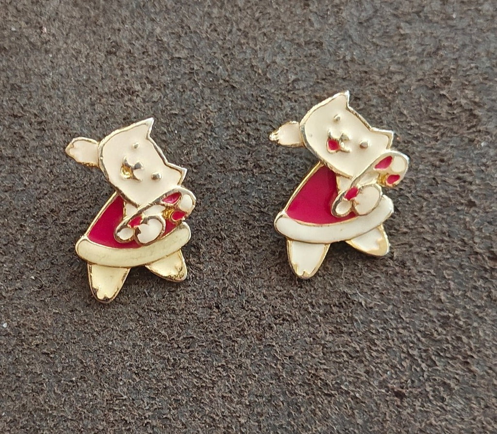 1980s Signed AIM Gold Tone Enamel Christmas Cat Stud Earrings