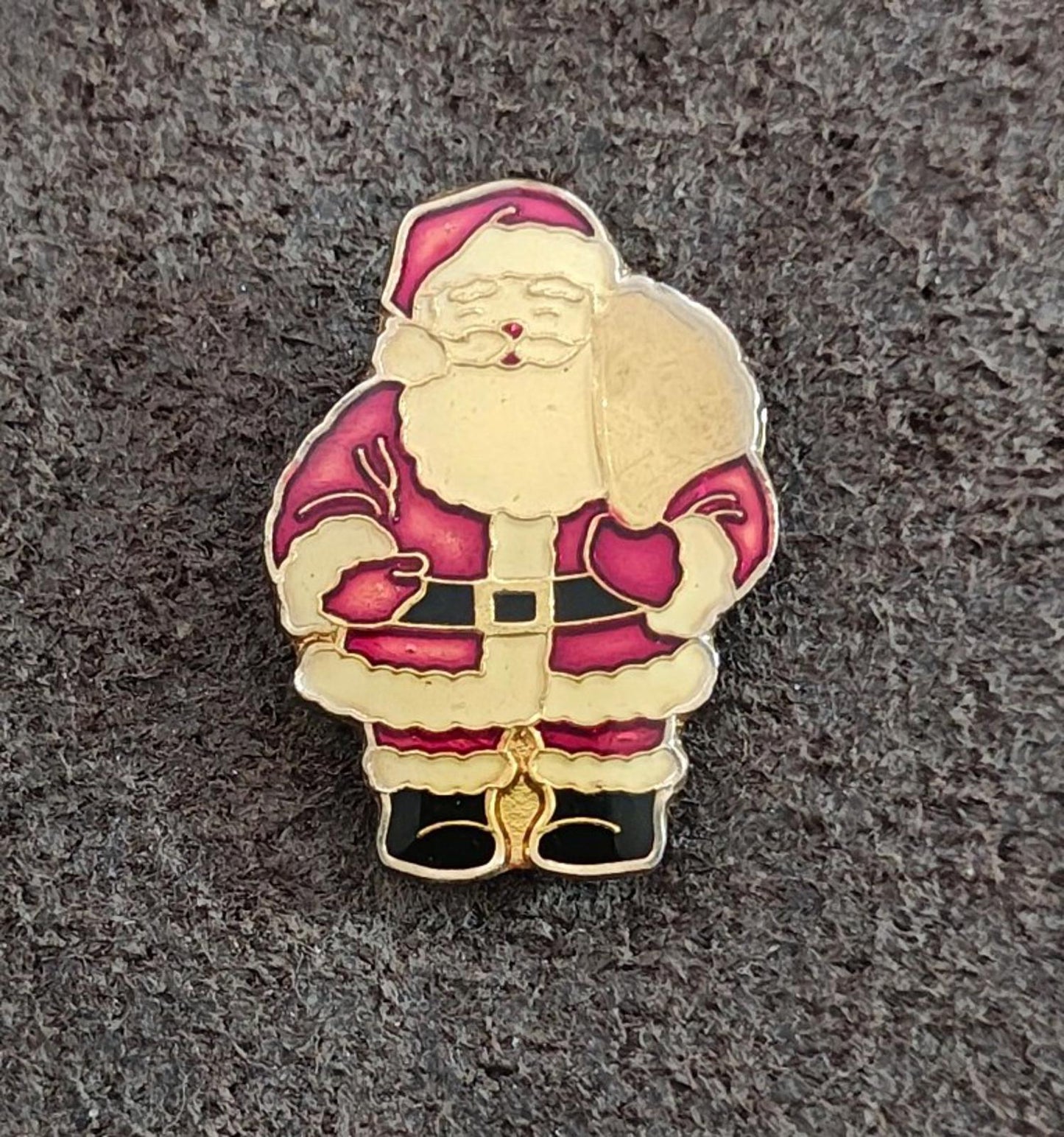 1980s  Santa Claus Carrying Gifts Gold Tone Enamel Pin